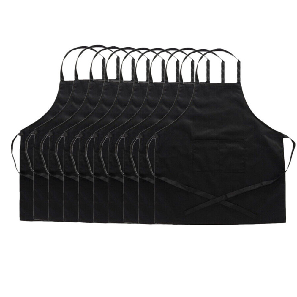 10 Pack Heavy Duty Black Bib Aprons w/Pockets - Adjustable Chef Waiter Kitchen