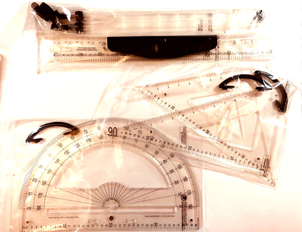 NIB Whiteboard 5-Pc Lg Draw Set Protractor/Square/T-Square/Compass Demo H-school