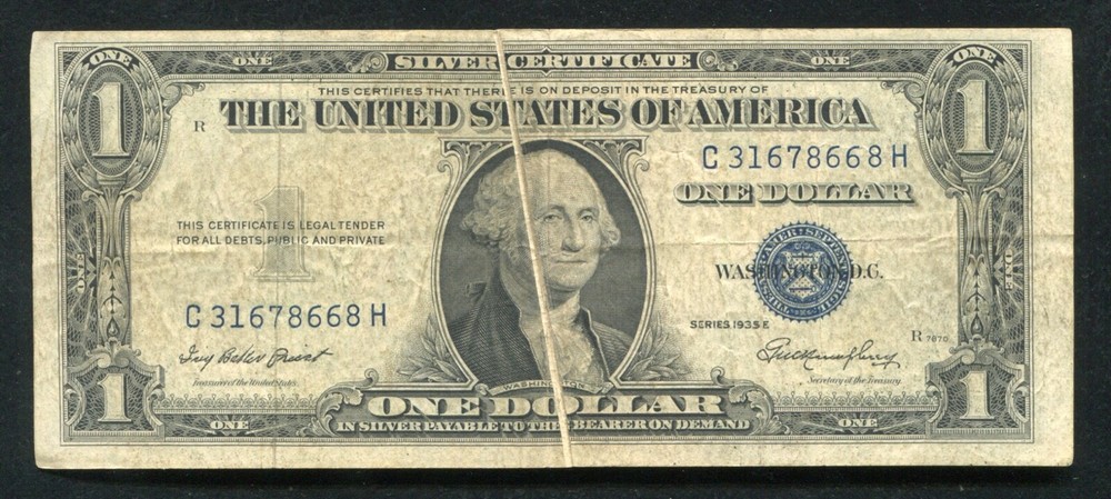 1935-E $1 ONE DOLLAR SILVER CERTIFICATE “GUTTER FOLD ERROR”