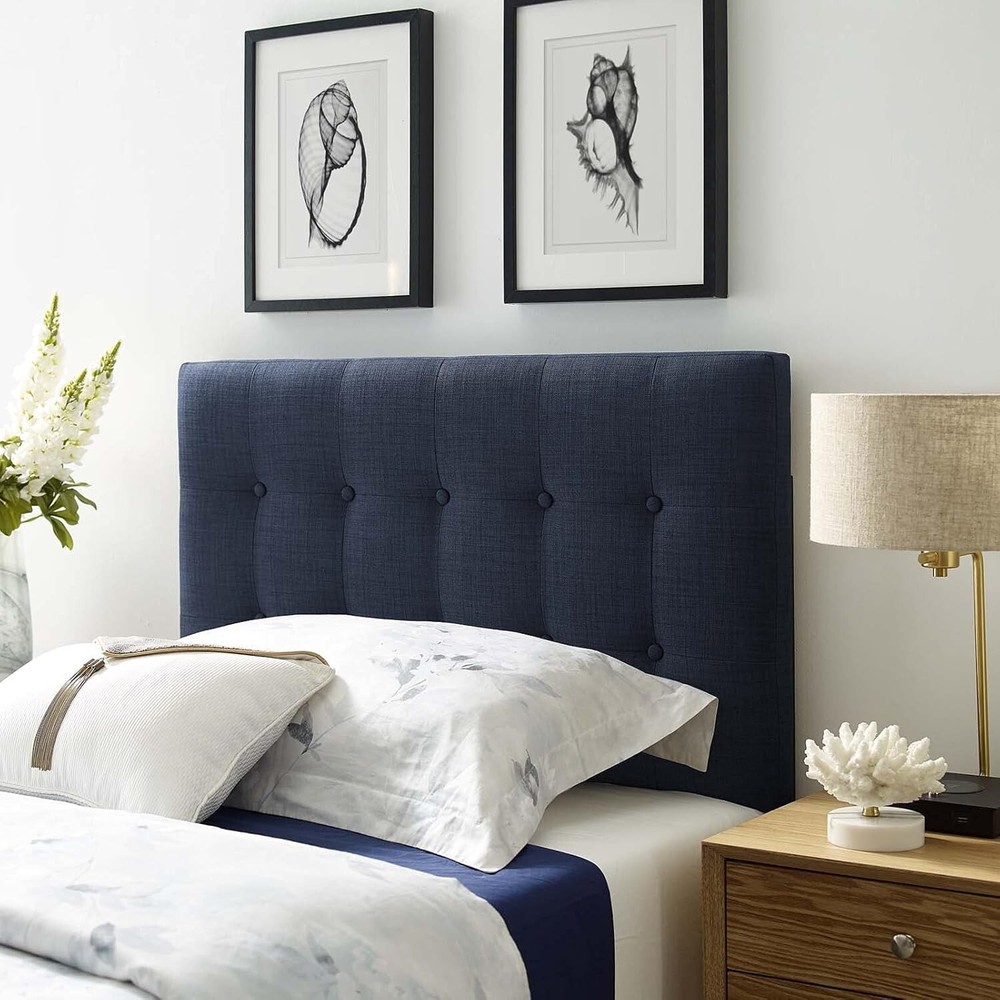 Modway Emily Tufted Button Linen Fabric Upholstered Twin Headboard in Navy