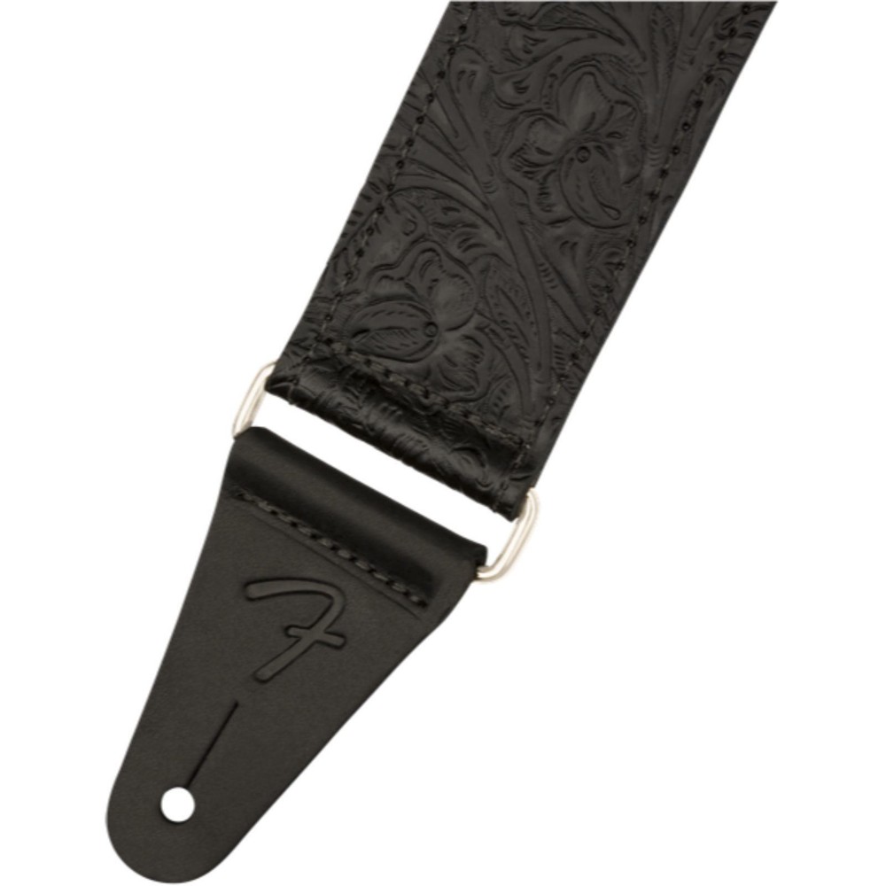 Fender 2" Tooled Leather Guitar Strap, Black with Embossed Floral Pattern