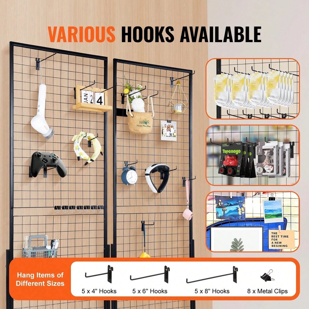 2Pcs 2x5.6ft Grid Wall Panel Tower Retail Display Rack with T-Base Hooks Clips