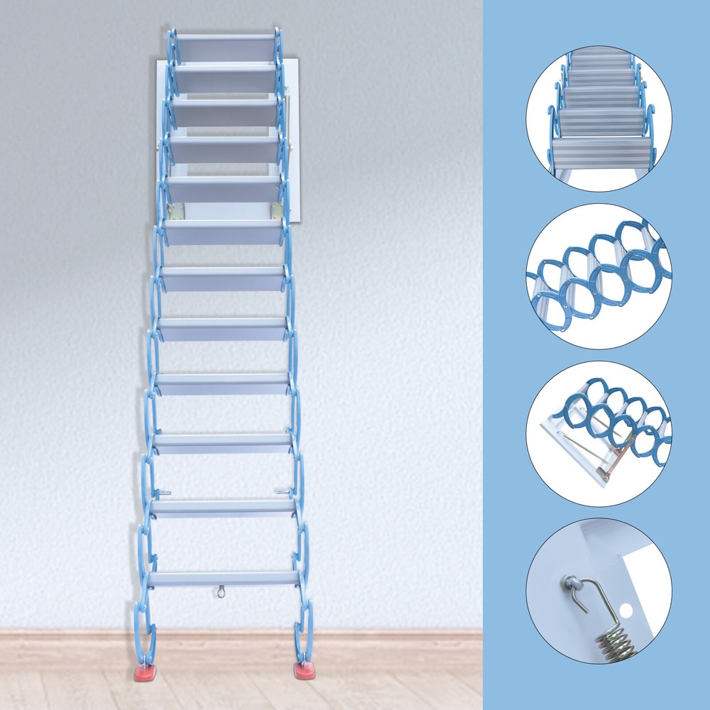 10.2ft Attic Ladder Wall-Mount 12 Steps Folding Ladder Pull Down Stairs 1100lbs