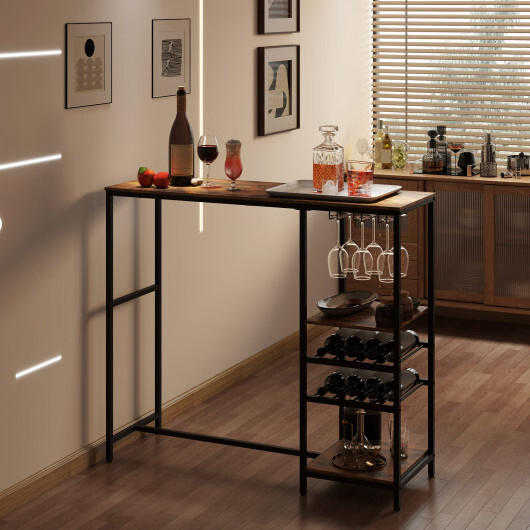 Long Bar Table Bar Height Dining Table with Storage Shelves-Rustic Brown - Color