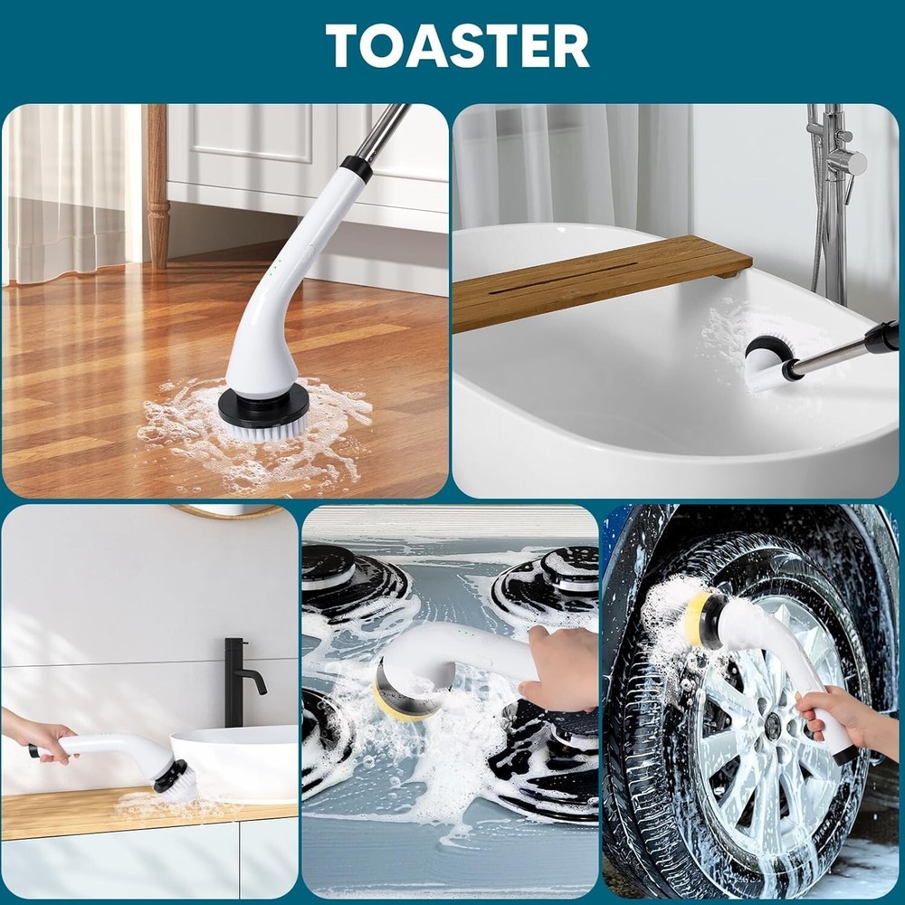 Electric Spin Scrubber with 5 Replaceable Brush Heads, Adjustable Extension Hand