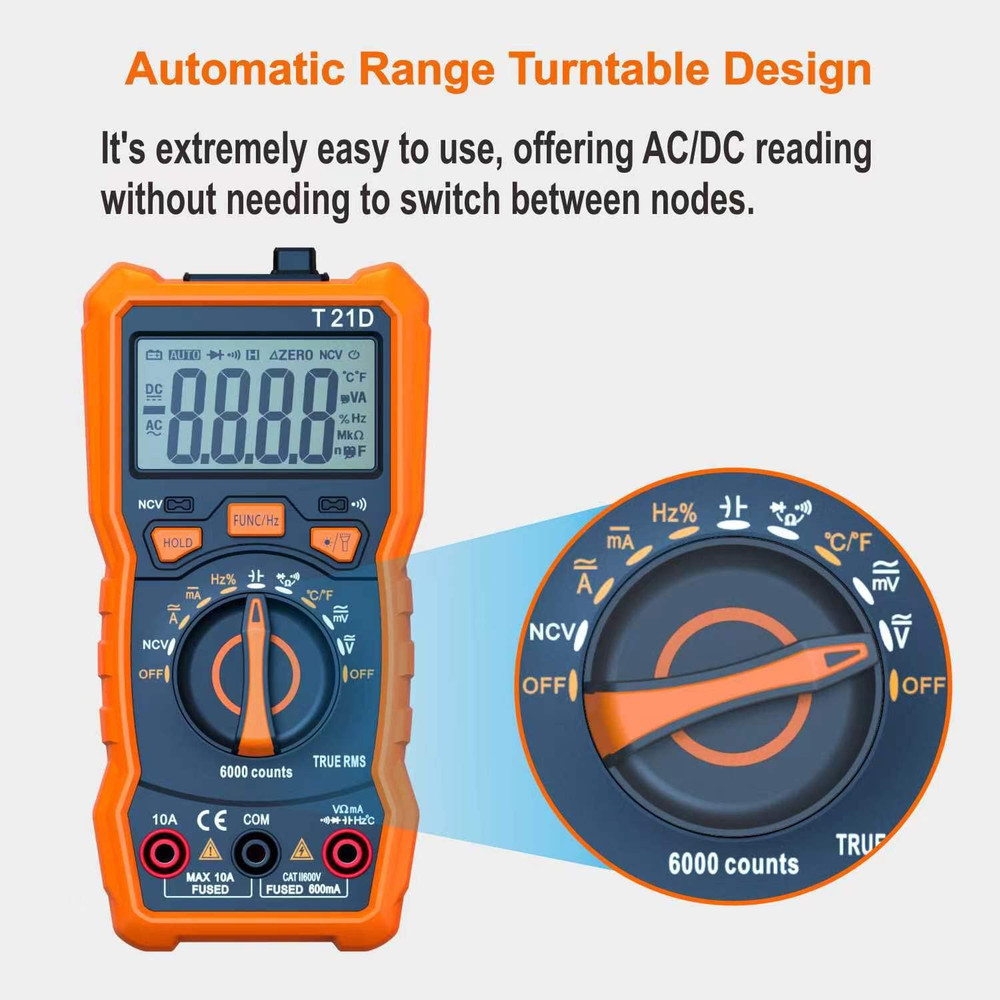 Auto-Ranging Digital Multimeter, TRMS 6000 Counts AC DC Voltmeter Ohm Volt Amp M