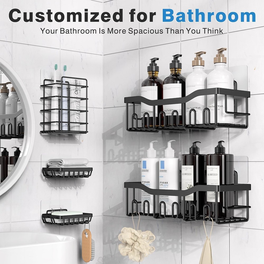 5-Pack Rustproof Stainless Steel Shower Caddy Set– No Drill Adhesive Bathr