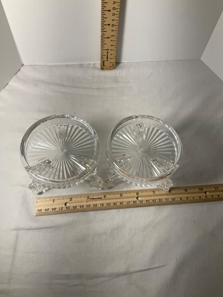 Two glass decorative stemmed candle holders 4” Unique design