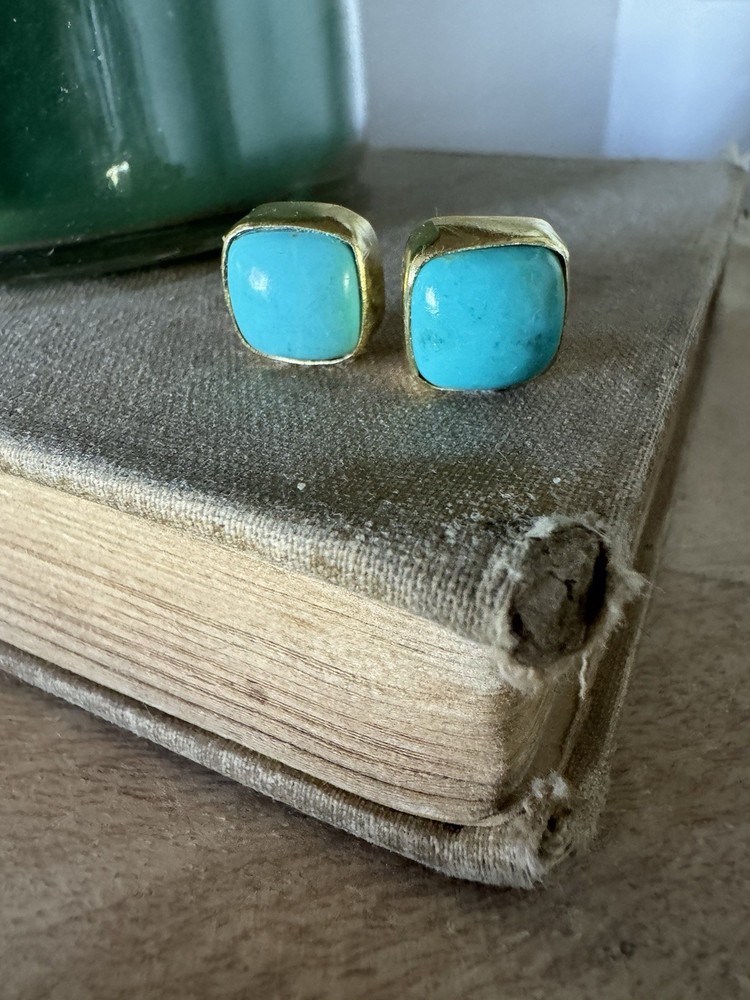 Handmade Gold Plated Natural Turquoise Square Studs