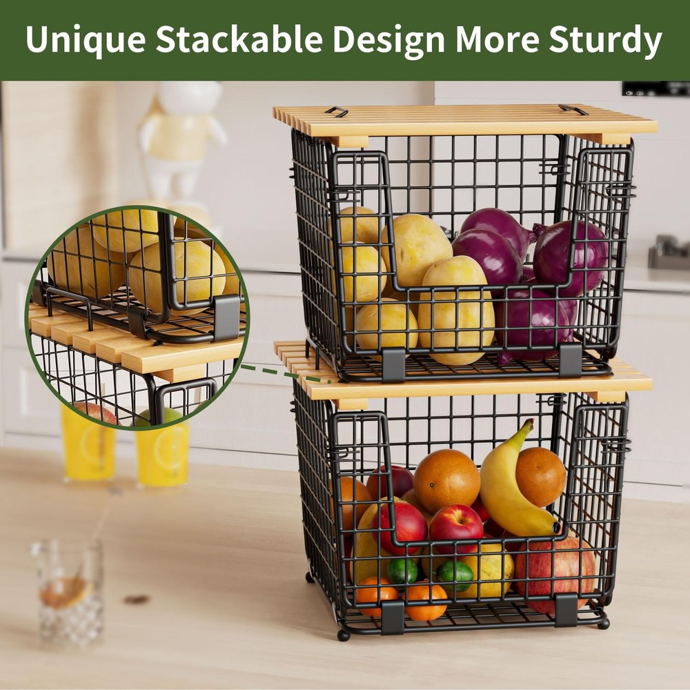 GGIU Stackable Pantry Basket: Kitchen Counter Organizer for Vegetables, Black