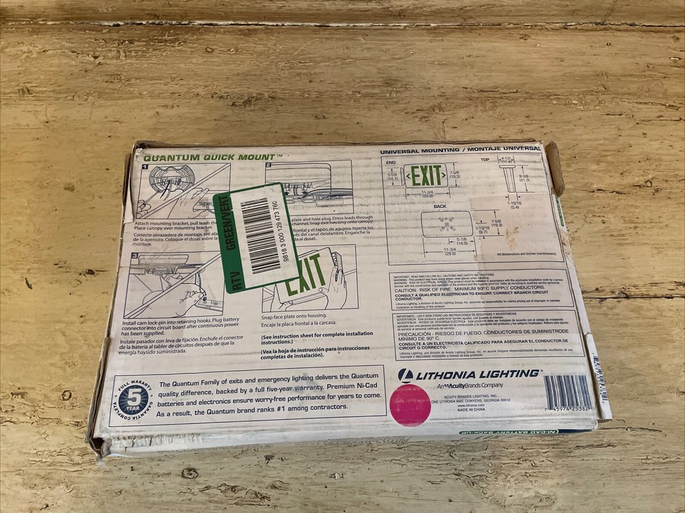 Lithonia Emergency Exit Sign Green Lettering Untested Open Box