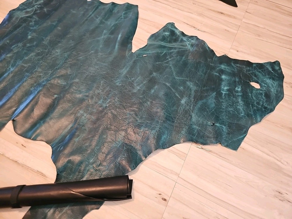 3-4oz VINTAGE PULL-UP DARK TURQUOISE TEAL DISTRESSED LEATHER HIDE SHEET,PANEL