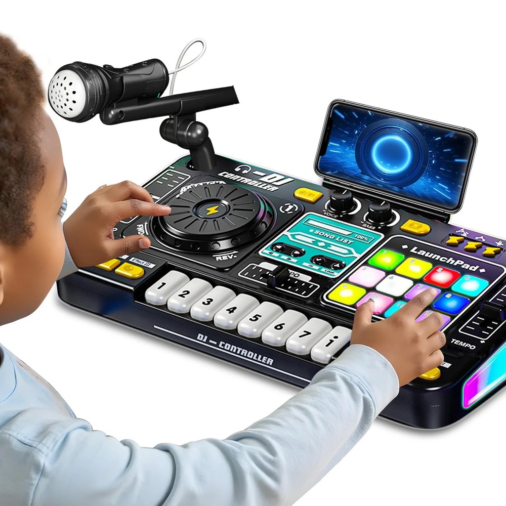 Kids DJ Mixer Controller with Bluetooth, LED Lights, Microphone - Birthday Gift
