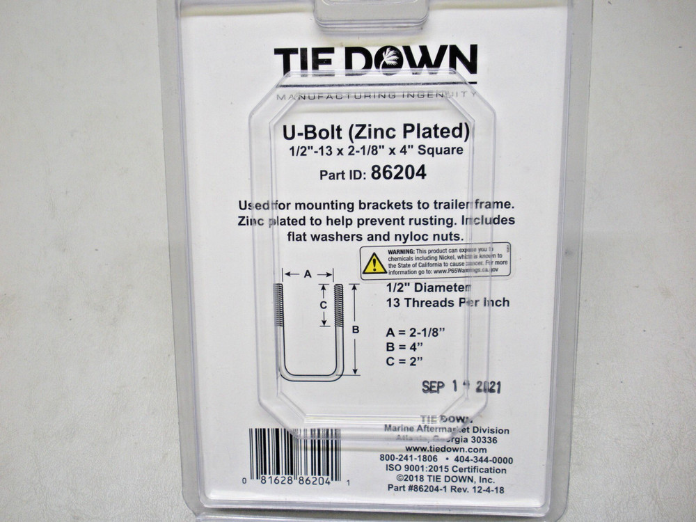 Tie Down Zinc Plated U Bolt Kit 86204