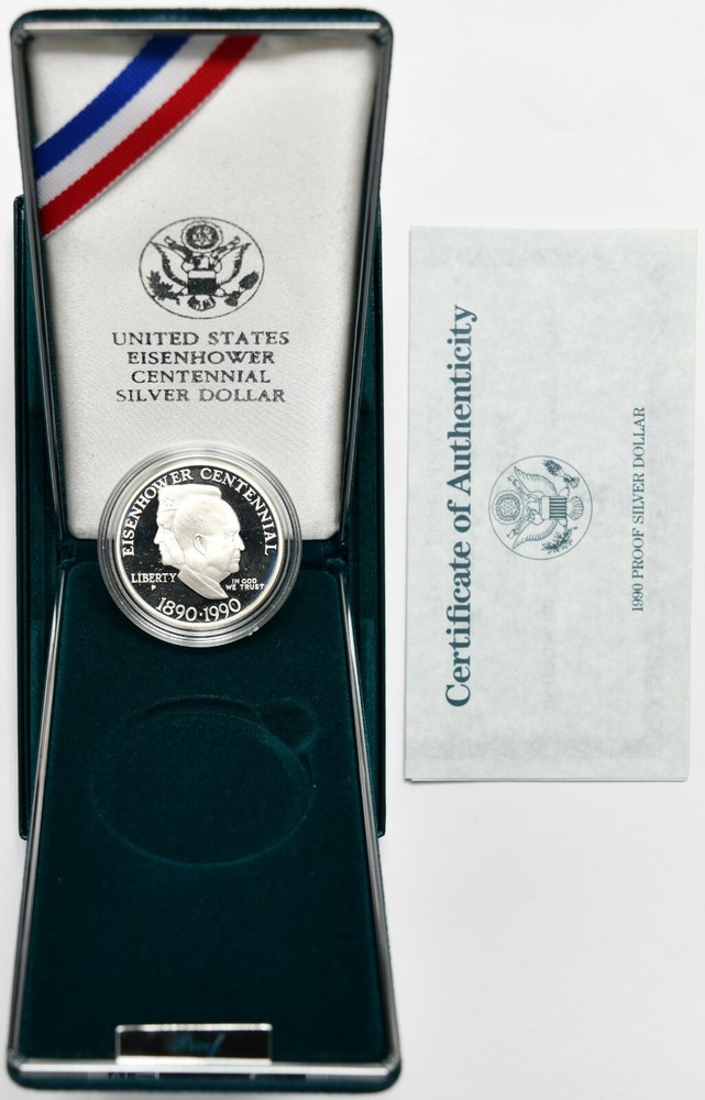 1990 P Eisenhower Centennial Proof Silver Dollar w/ Box & COA