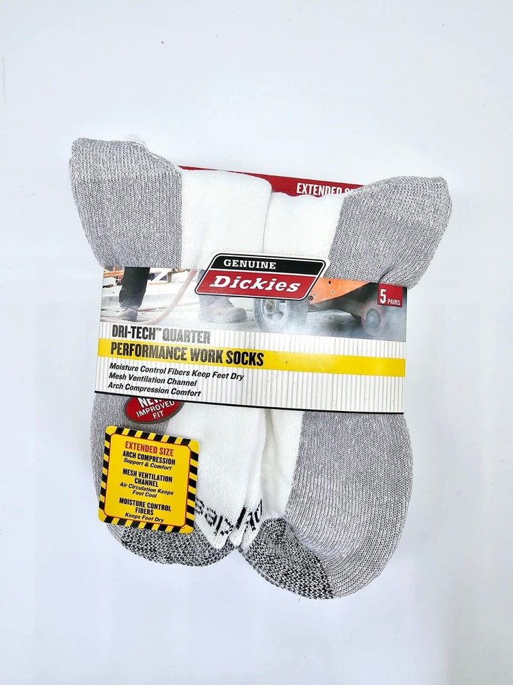 Dickies Men Dri-tech Quarter Performance Work Socks White 5-Pr Extended Sz 12-15