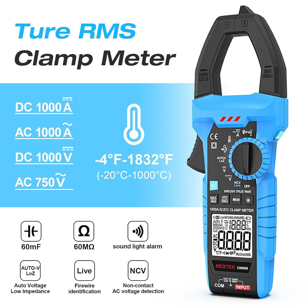 Digital Inrush Clamp Meter Multimeter 1000A TRMS 6000 Counts Voltage Tester Volt