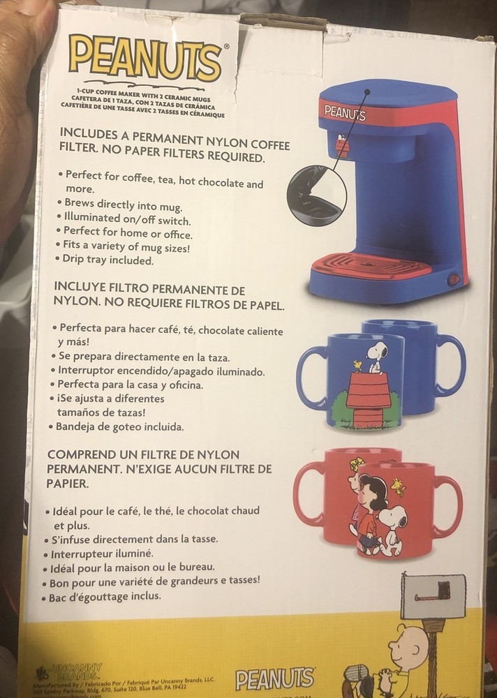 New Peanuts New Single Cup Coffee Maker Gift Set with 2 Mugs