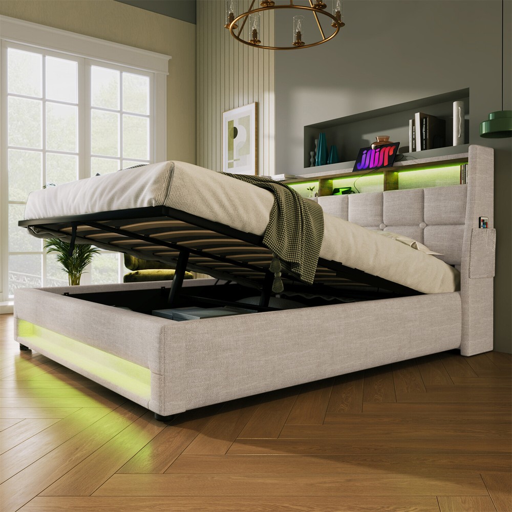 Full Size LED Bed Frame Upholstered Platform Bed with Hydraulic Storage System