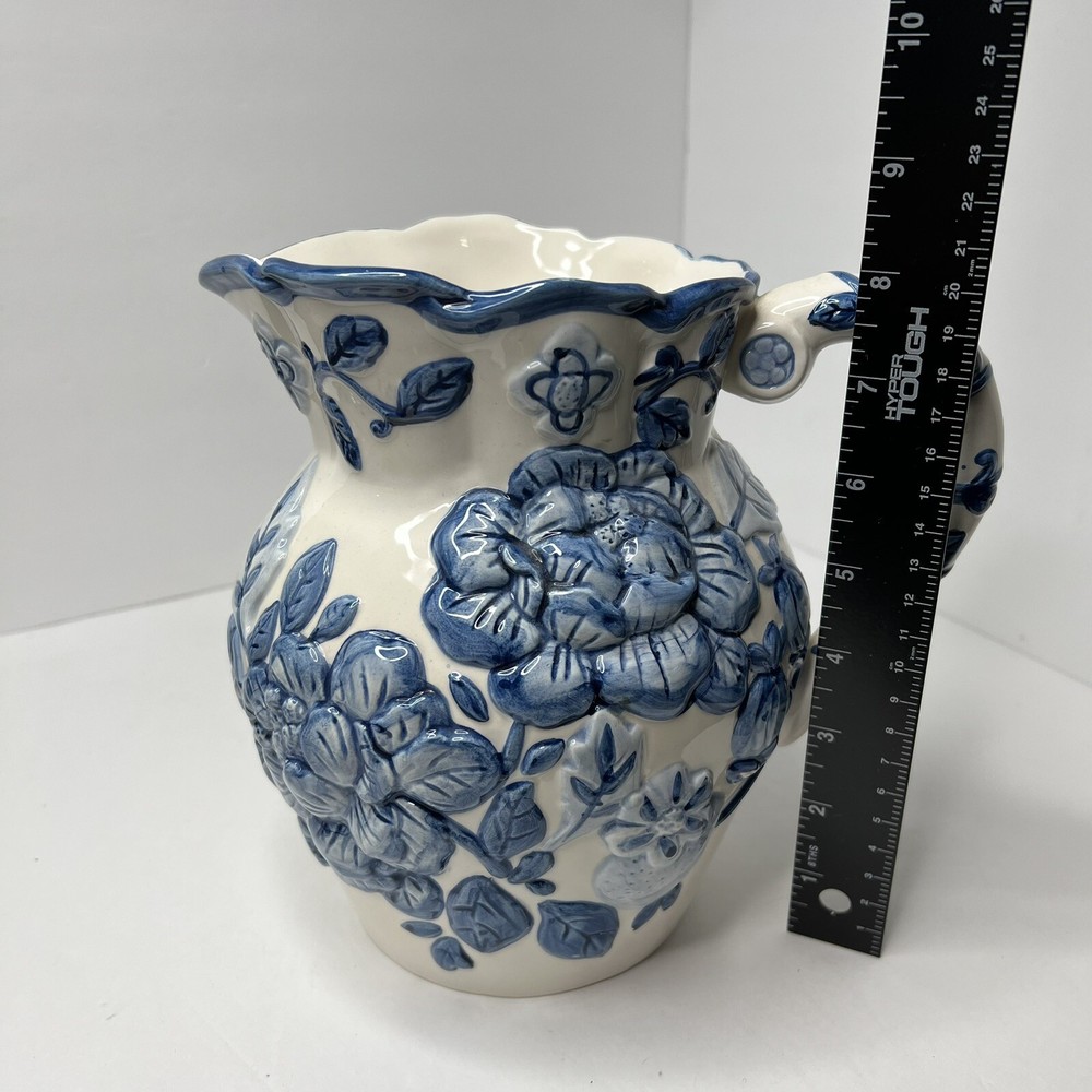 Blue & White Ceramic Pitcher Raised Floral Flowers Fruit