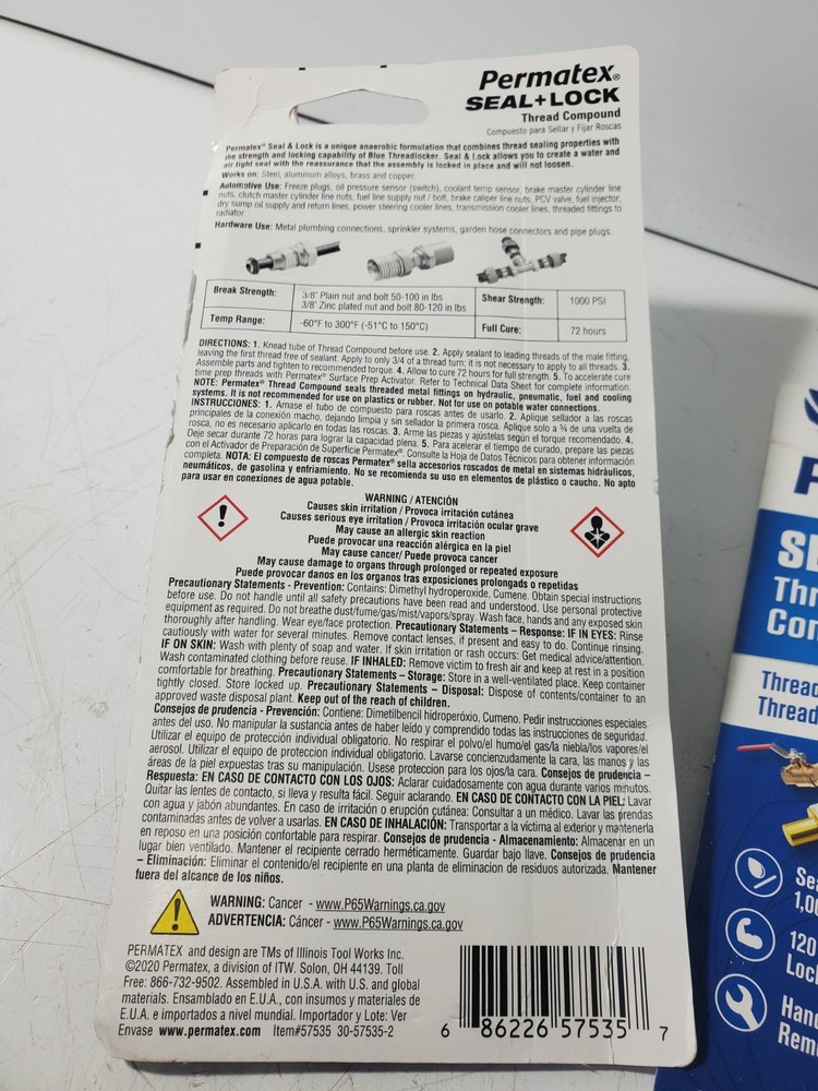 2 Permatex 57535 Thread Compound Seal & Lock Tubes NOS