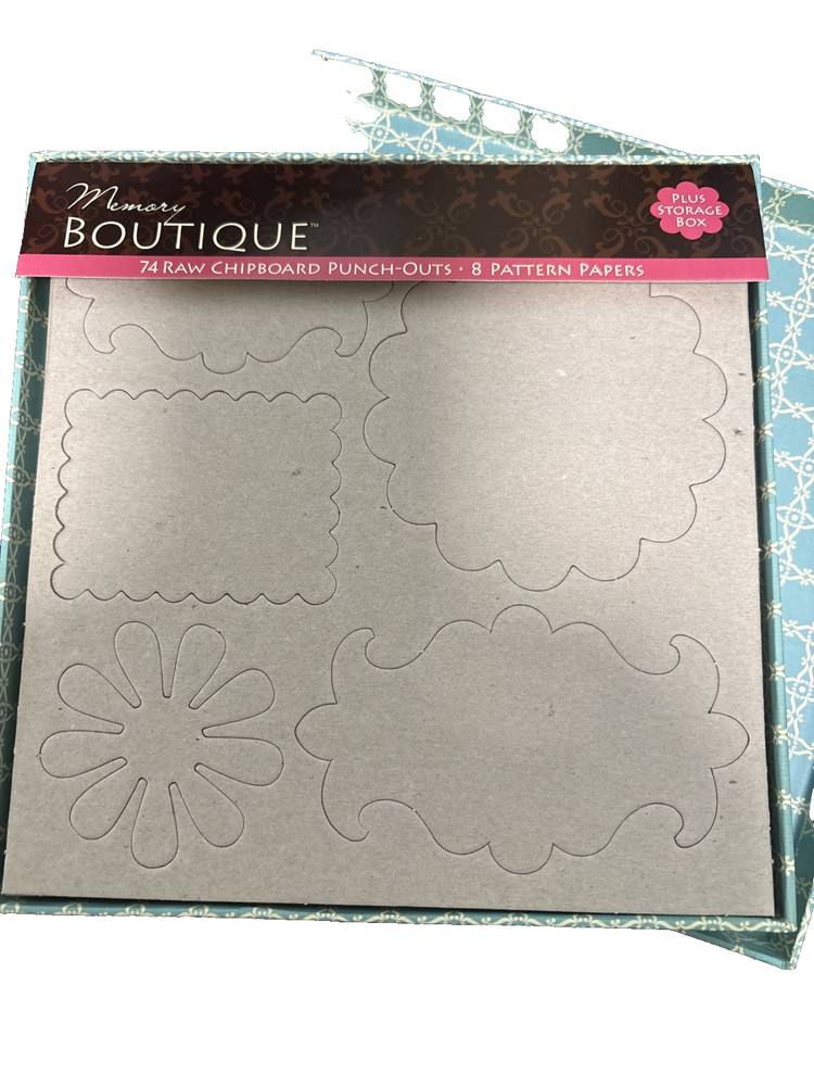 Memory Boutique 74 Raw Chipboard Punch-outs 8 Pattern Papers Plus Storage Box