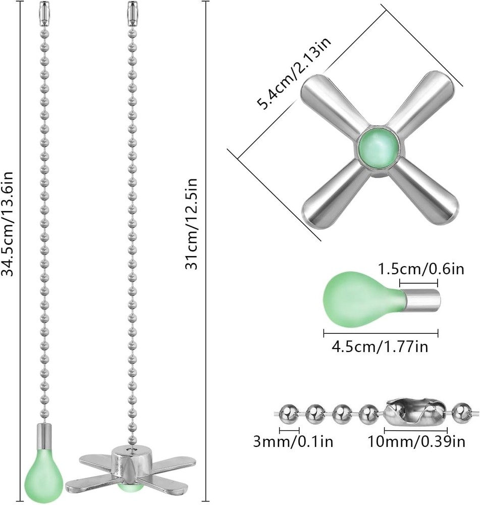 Silver Ceiling Fan Pull Chain Set, 2Pack 3mm Diameter Beaded Fluorescent