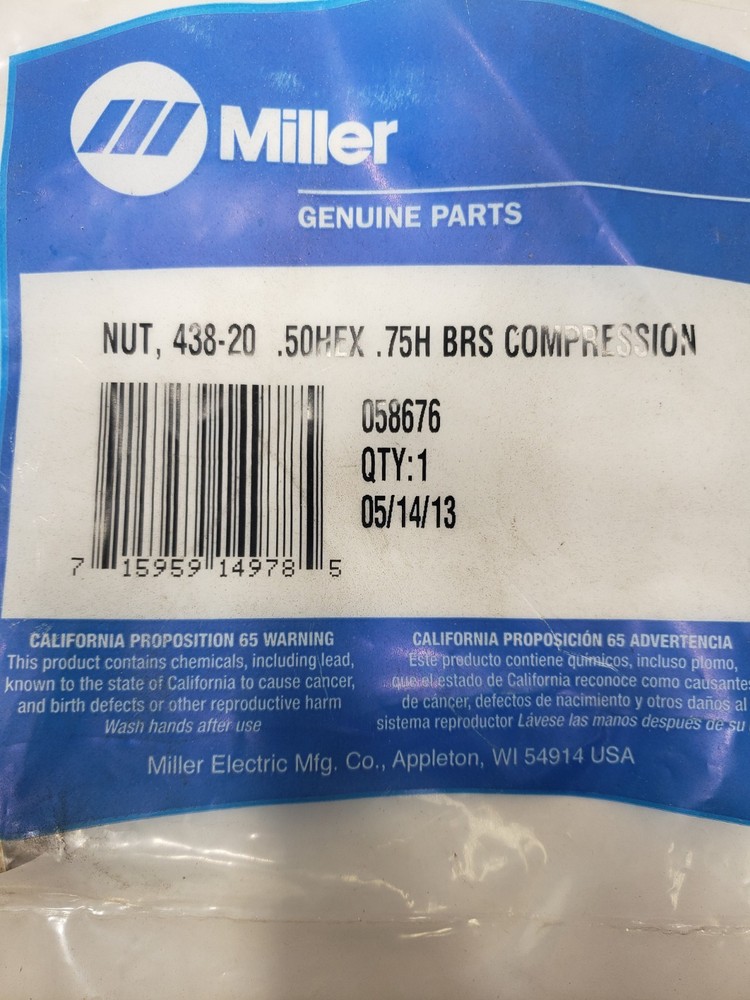 Miller 058676 Nut 438-20 .50Hex .75H Brs Compression Modified Quantity 1