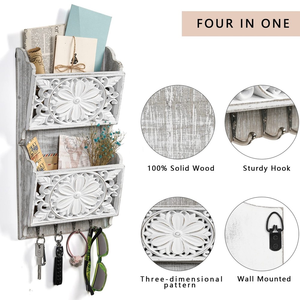 2-Slot Rustic Mail Organizer Wall Mount with 4 Key Hooks for Home Decor