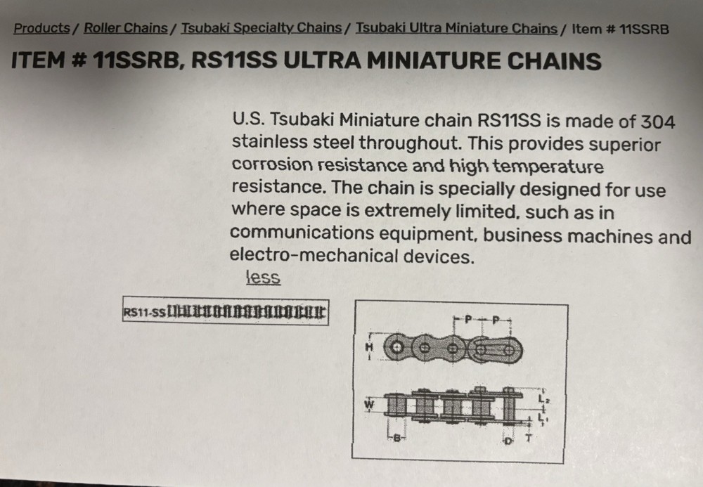 Tsubaki 11SS Miniature Roller Chain 10ft with Connecting Link