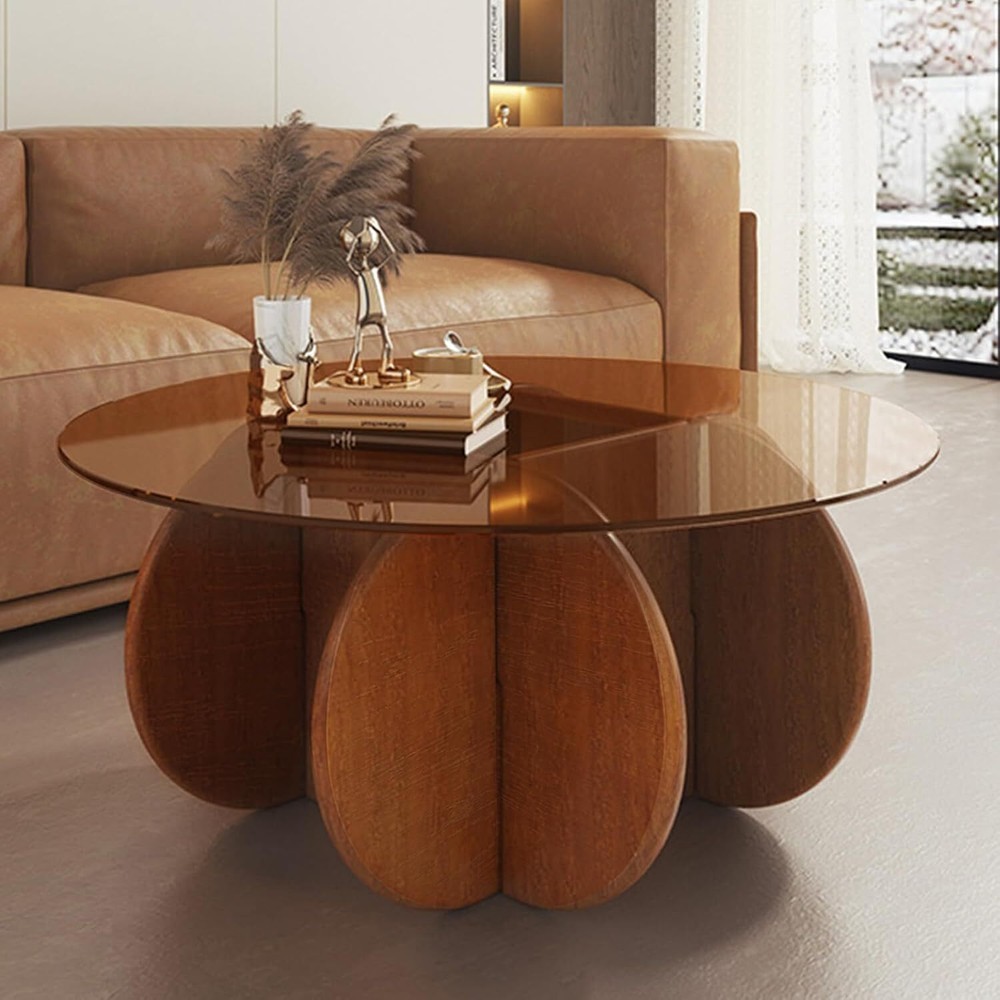 Modern Round Coffee Table with Solid Wood Legs, 31.5'' 31.5in, Walnut + Brown