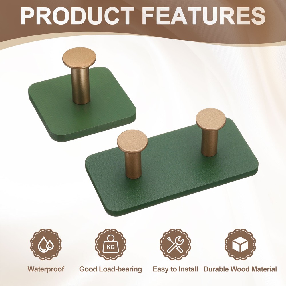 2 Pcs Wood Wall Hook, Self Adhesive Hook, Green/Gold(Square, Double/Single Hook)