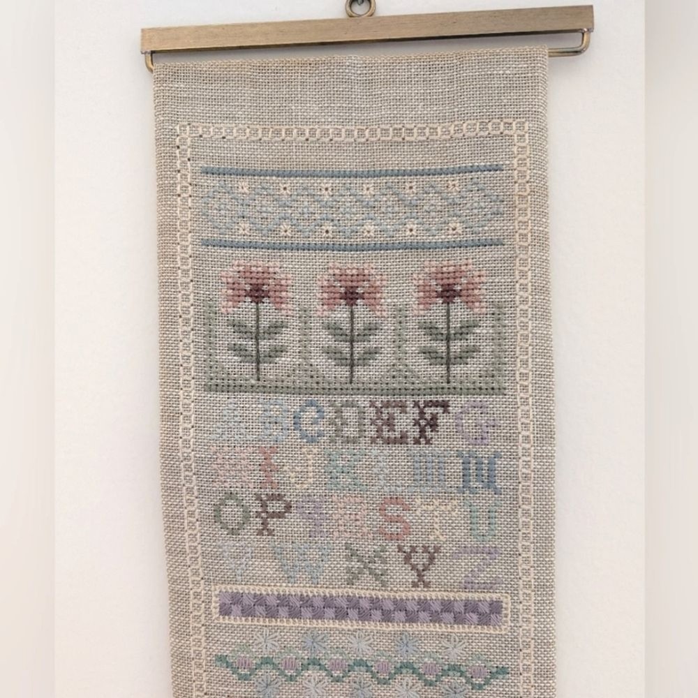 Cross Stitch Sampler Bell Pull Banner Completed Farm House Palmer