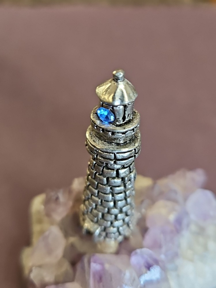 Pewter Lighthouse Blue Crystal "Light" Raw Amethyst Base