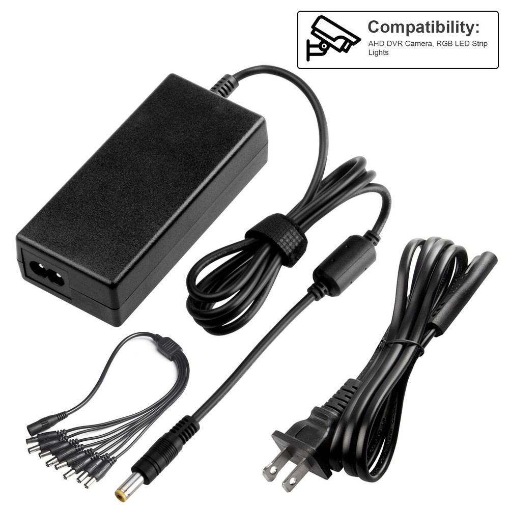 DVR 8 Split Power Cable +DC 12V 5A Power Supply Adapter for CCTV Security Camera