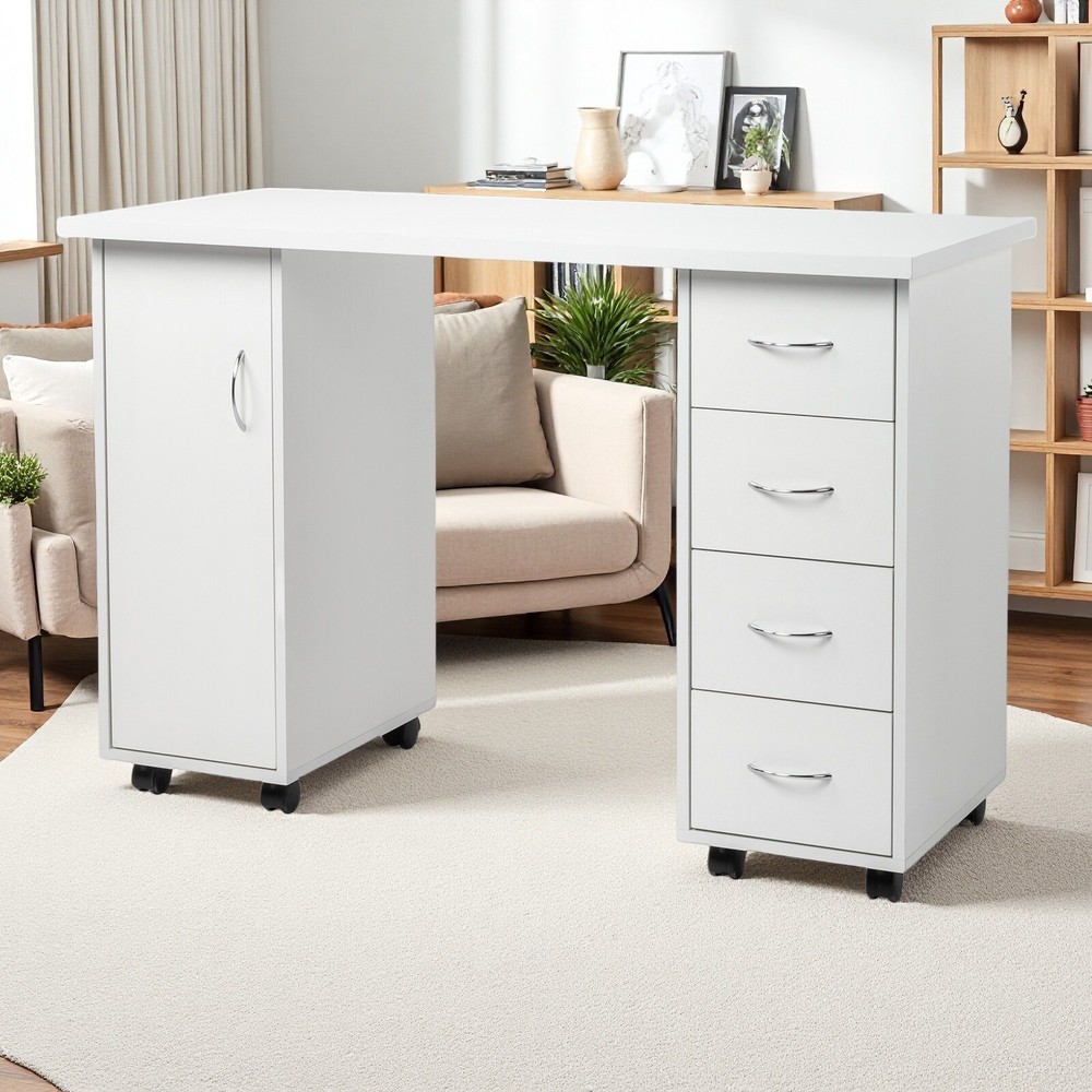 Rolling Computer Desk - White, 4-Drawer, 2 Shelves Storage & MDF ​Nail Table​