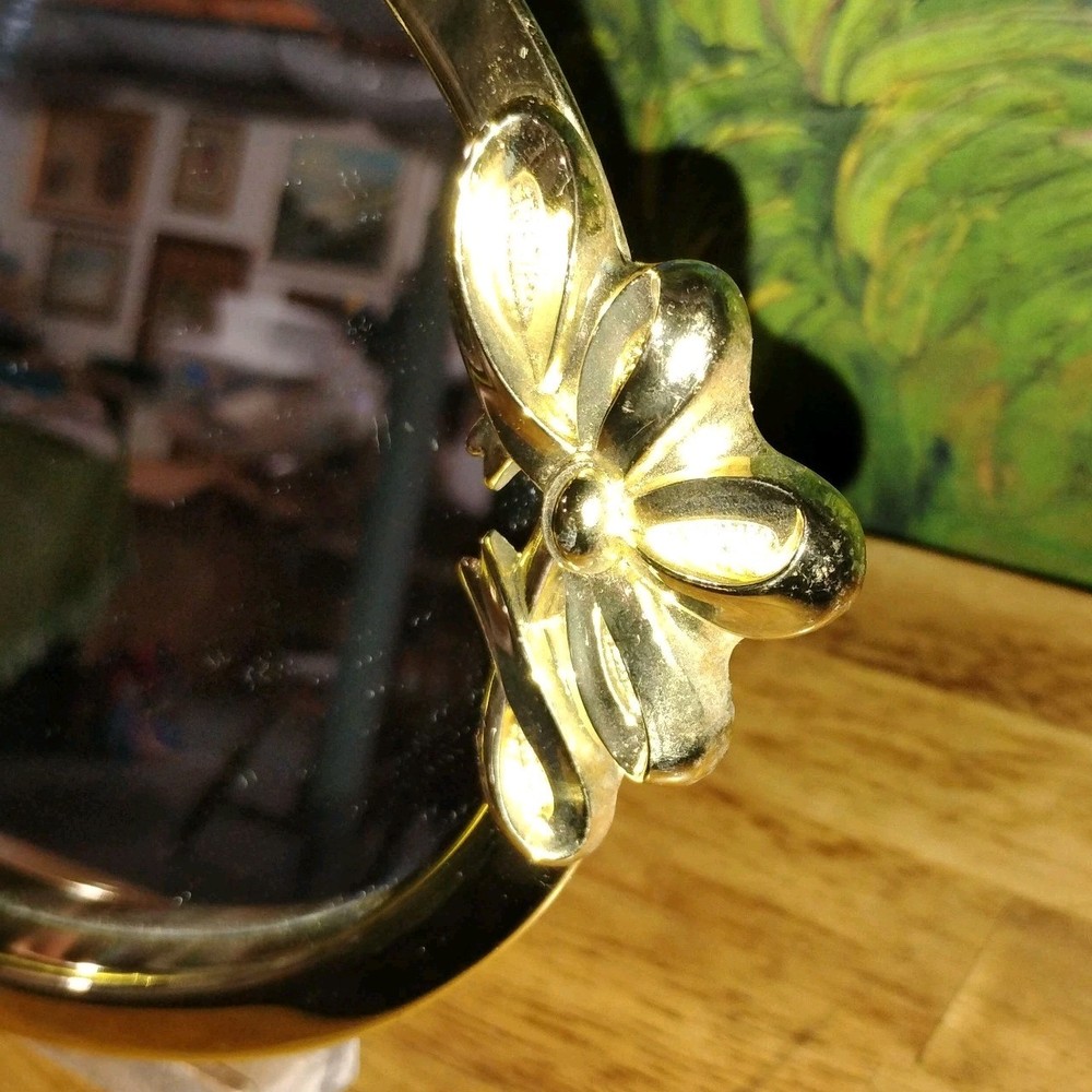 Vanity Bath Mirror Gold Oval with Bow Handles. Hangable