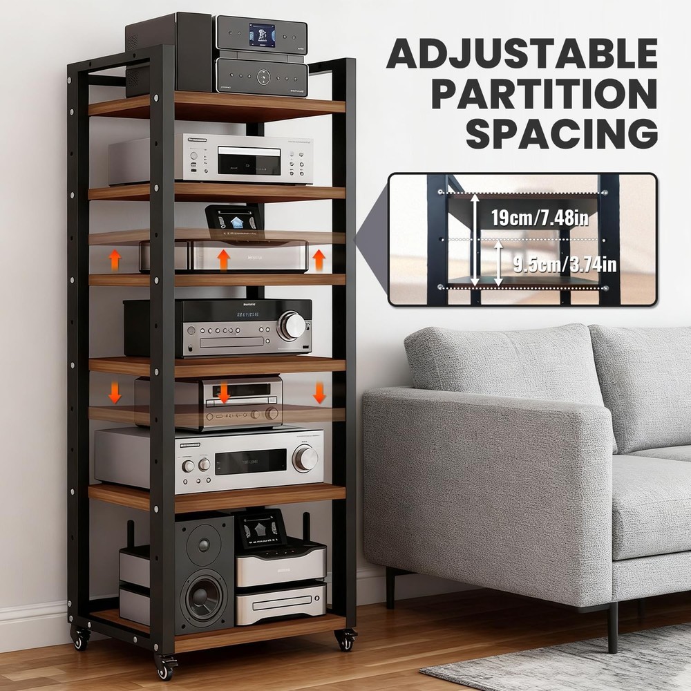6 Tier AV Media Stand with Wheels Adjustable Shelves