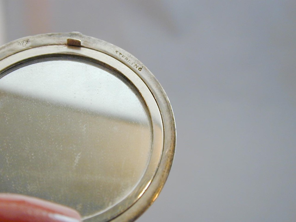 Victorian Sterling Compact With Mirror & Red Cabochon 59” Long Chain