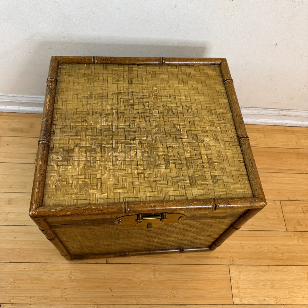 Vintage Bamboo Lidded Chest Trunk Hamper Herringbone Woven Wicker