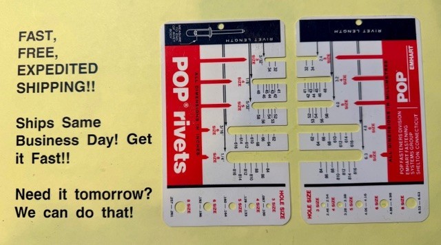 Pop Rivets Length Chart; FREE SAME DAY USPS SHIPPING!