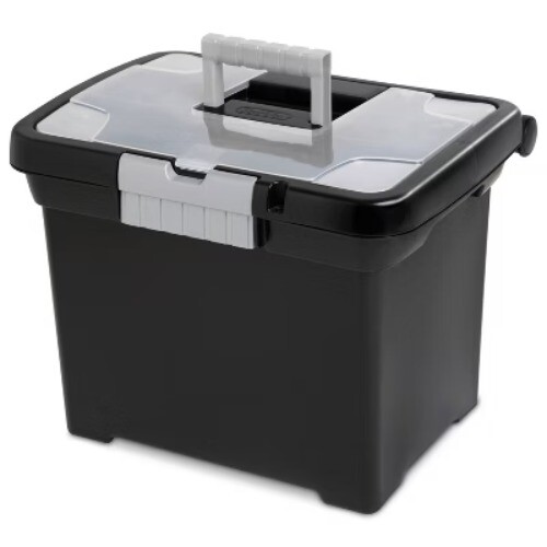 Medium Letter File Box Black: Plastic File Organizer with Handle  Clear Cover