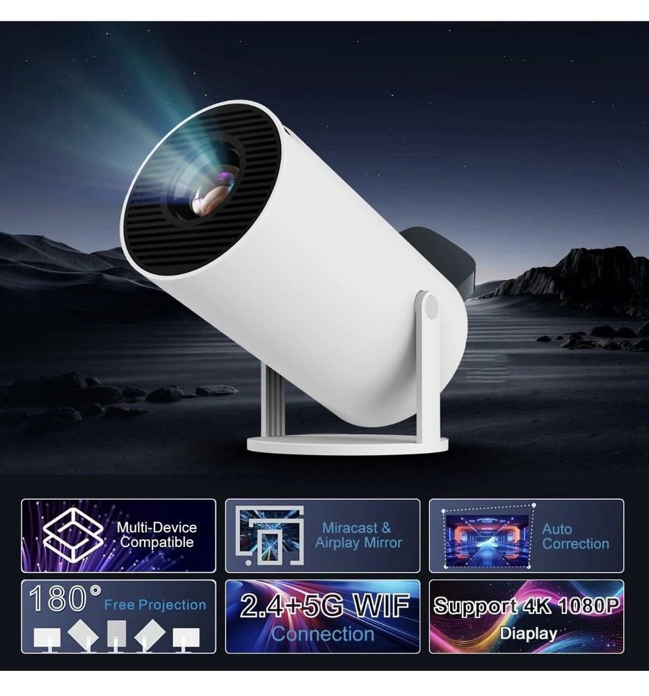 4K Smart Android Projector - 180 ° Rotating Stand + Auto Keystone, Home/Camping
