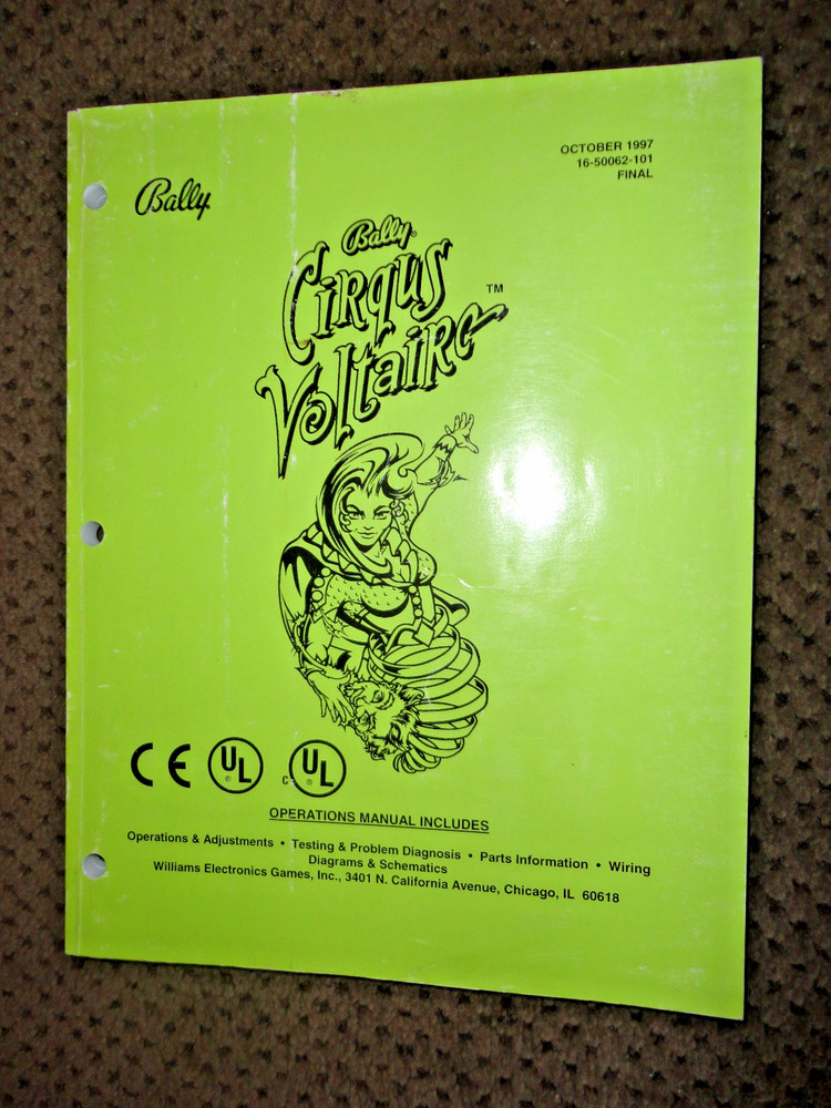 Bally Cirqus Voltaire Pinball Operators Manual. Very Good Condition