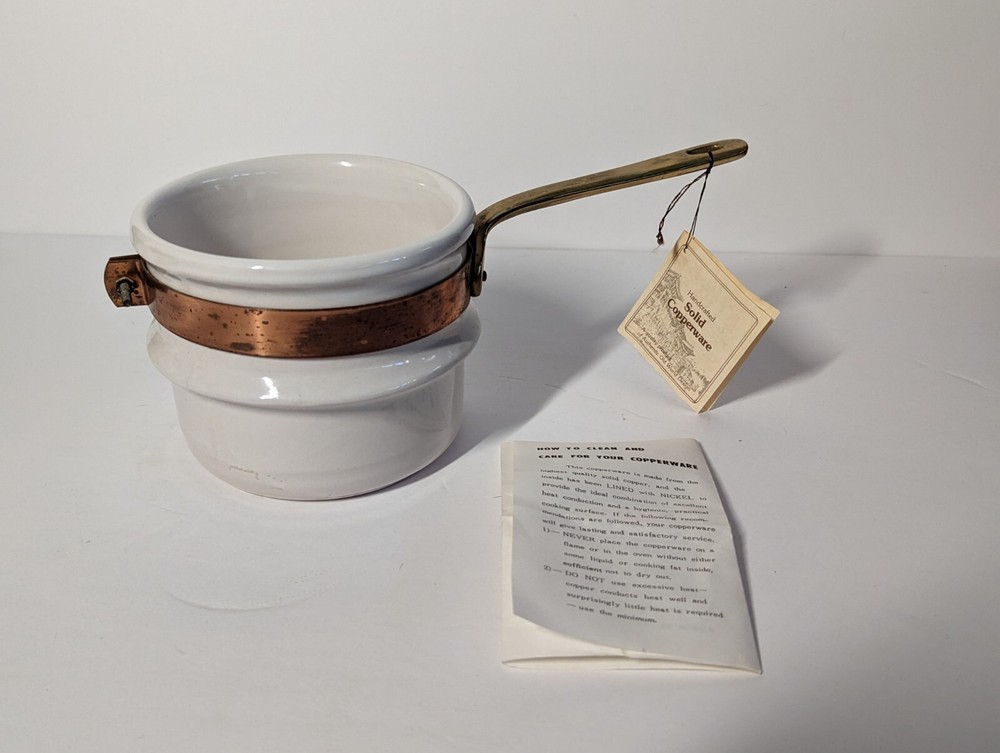 Vintage White Ceramic Pot With Copper Band And Brass Handle