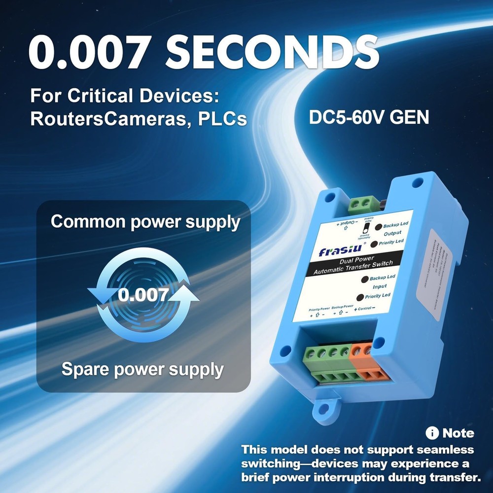 DC Automatic Transfer Switch 5-60V 5A, Dual Power Backup Selector, 0.007s...