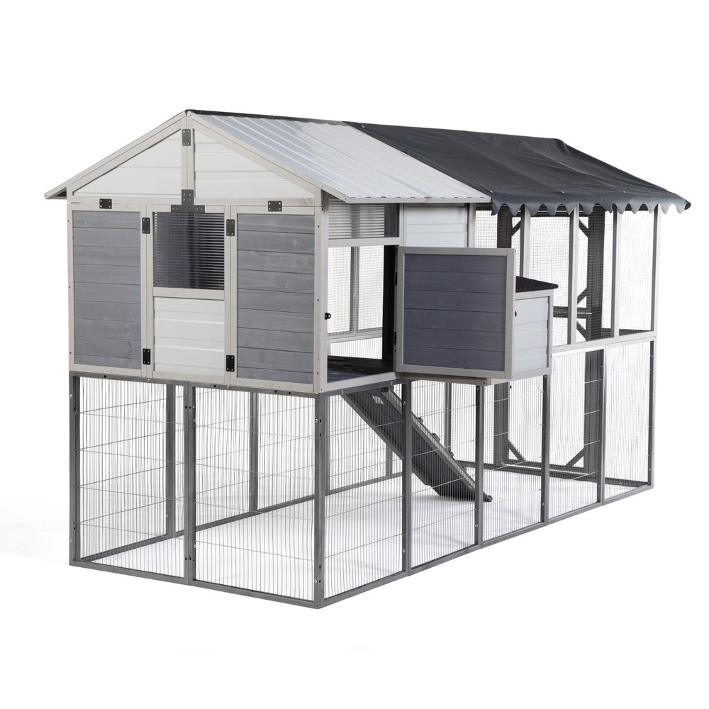Extra Large Chicken Coop with Nesting Box, Perches and Waterproof Cover Gray