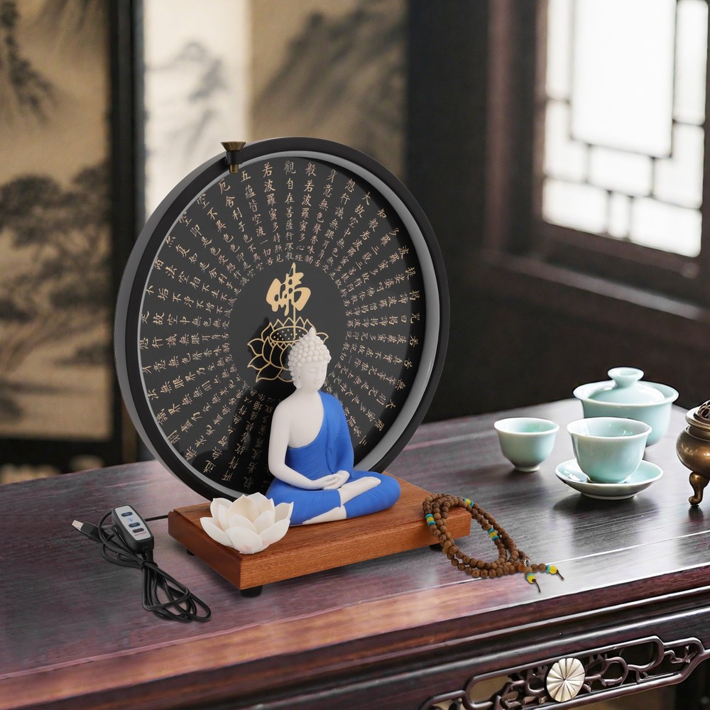 Buddha Statue Decoration Ceramic Light for Home Décor with Circle LED Lamp Set