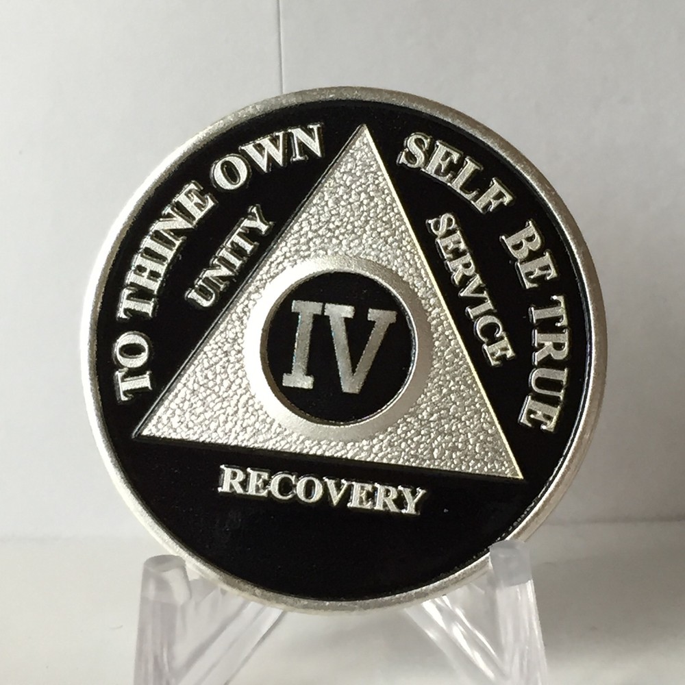 Black & Silver Plated Four Year AA Chip Alcoholics Anonymous Medallion Coin 4