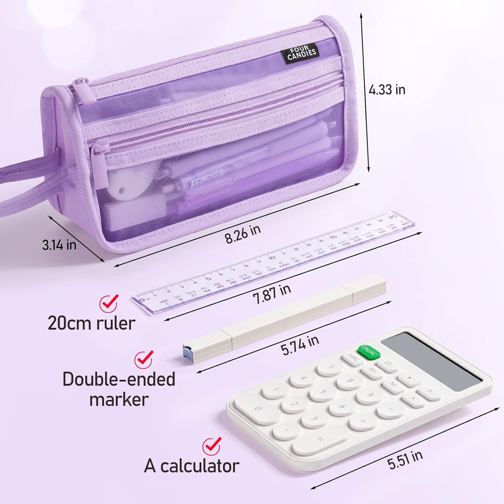 Four Candies Grid Mesh Pencil Case with Handle and Zipper, Clear Double-Layer Pe